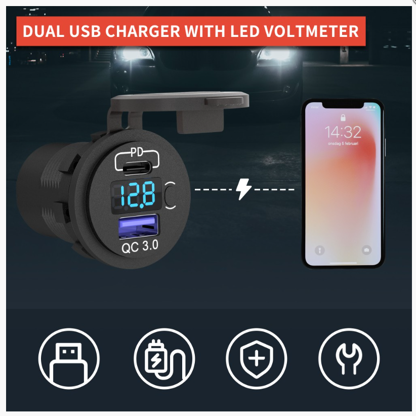 Kapcsoló 6 led kapcsolóval USB töltővel voltmérővel 12V/24V - Image 2